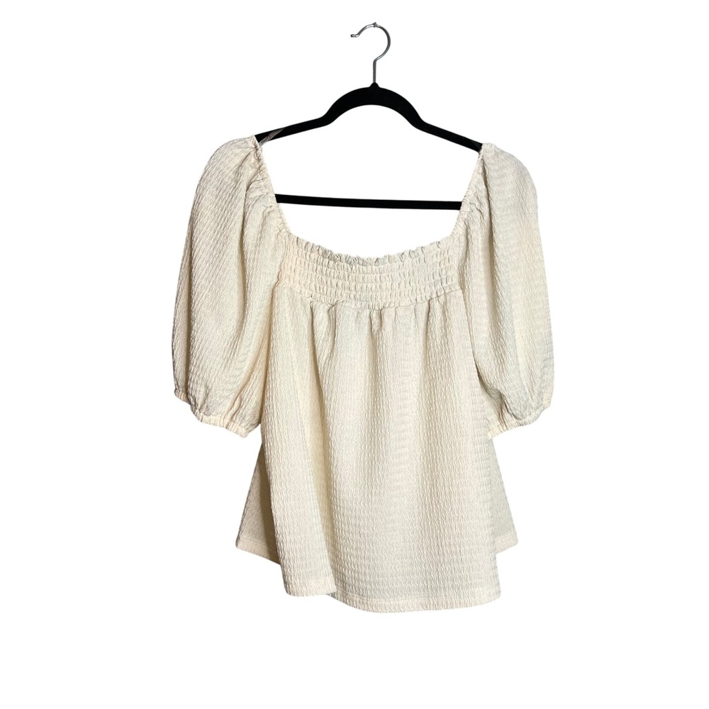 Sanctuary Peasant Top Size L Smocked Square Neck Puff Sleeve Cream Boho